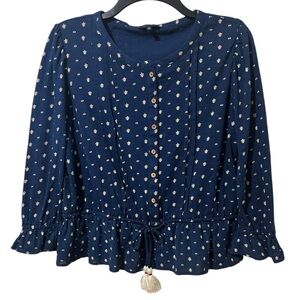 LUCKY BRAND navy blue and tan aztec print peplum top 100% cotton sz Medium